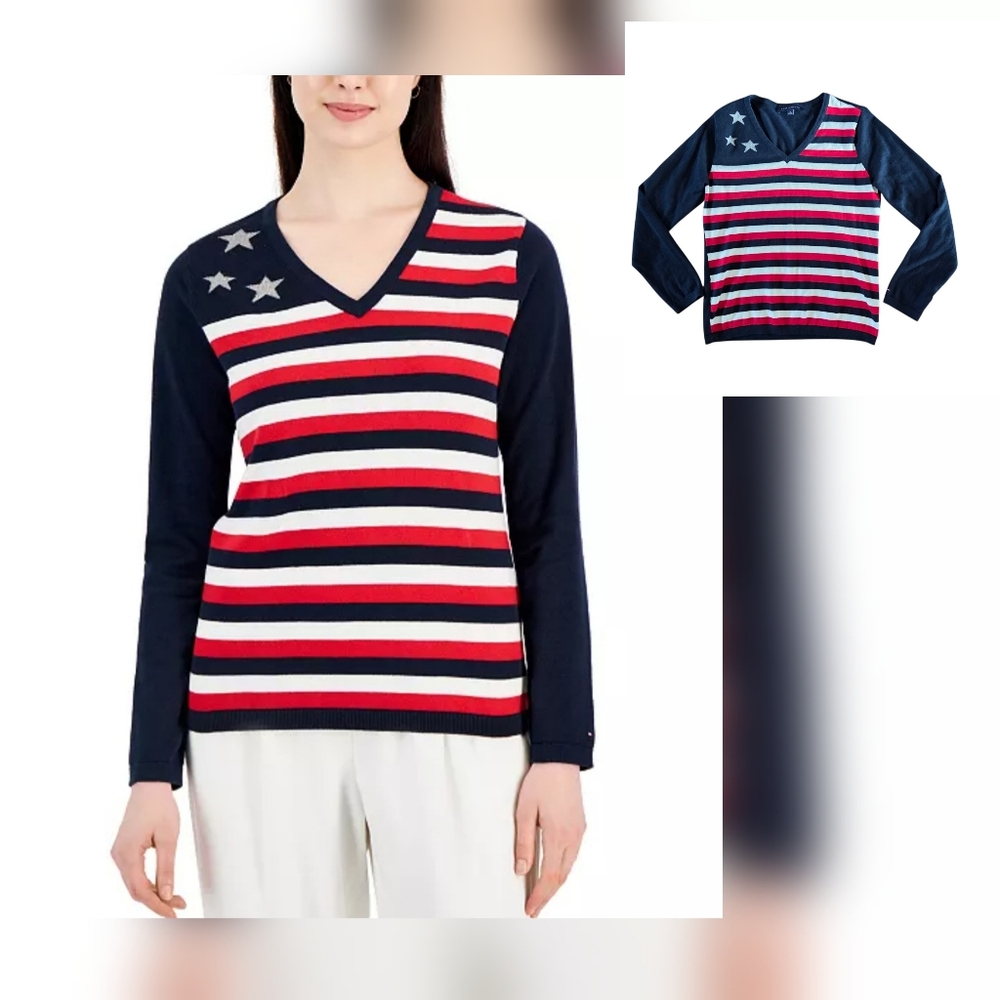 Tommy Hilfiger Flag V-Neck Sweater Stars Stripes Womens Sz M July 4th America